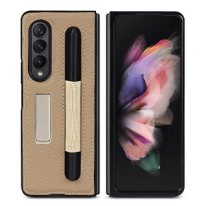 Äkta Lychee -mönsterlädertelefonfodral för Samsung Galaxy Z Fold3 5G Magnetic Invisible Bracket Business Protective Shell With Pen Slot Holder