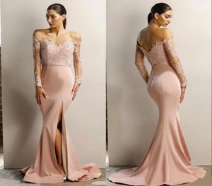 Newest Sexy Sparkly Dusty Pink Prom Dresses Mermaid Off the Shoulder Long Sleeves High Split Cheap Bridesmaid Pageant Celebrity Dr1400080