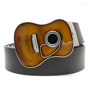 Belts Casual Black PU Leather Man Belt With Acoustic Guitar Big Metal Buckle Country Music Western Cowboy Accessories Fashion Gifts