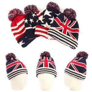 Män vinter pom poms boll stickad mössa för kvinnor unisex casual brittiska och amerikanska nationella flagghattar skallies beanie hatt gorros