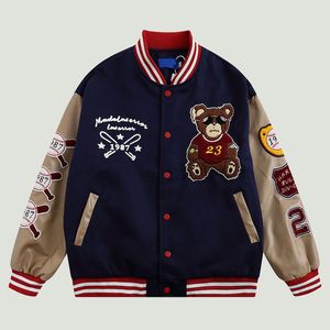 Erkek Ceket Hip Hop Vintage Beyzbol Ceket Mens Street Giyim Harajuku Ayı Nakış Patchwork Deri Kollu Bombacı Varsity Unisex 221129