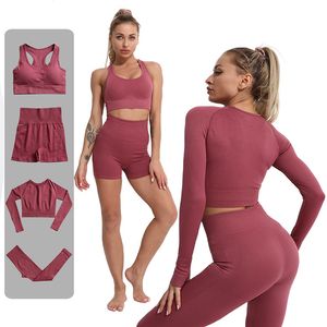 Women's Yoga Outfits Seamlesss Yoga Pants Running Trousers Gym Clothing Workout Set Tights Woman Exercise Clothes Sports Bra Long Sleeve Crop Tops Ladies Sportwear