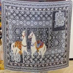 Scarves Gray Horse Printing Scarf Women Twill Silk Sand Wash Hand Rolled Edges 140 140cm
