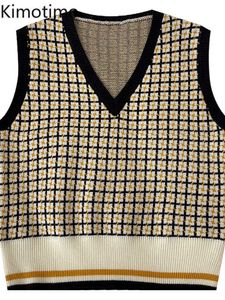 女性のセーターKimotimo Vintage Plaid Seater Vest Women 2022 Autumn v Neck Neckeseveless Seater Korean Chic Hit ColorオーバーラップニットベストJ220915