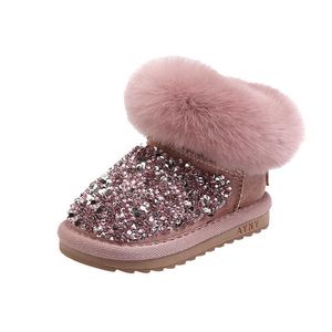 ブーツ2022 New Winter Children Snow Boots Rhinestone Warm Plush Zip Ankle Princess Little Girls Boots Fashion Toddler Baby Shoes L221011