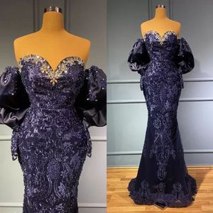 Navy 2023 Designer Blue Evening Dresses Off Shoulder Long Sleeves Lace Applique Beaded Mermaid Plus Size Pleats Prom Gown Formal Custom Made Vestidos