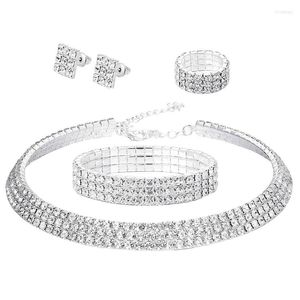 Halsband örhängen Set Rhinestone Jewelry Women's Crystal Armband och örhängen Justerbar 4-delar