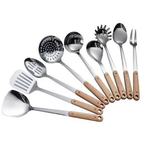 Cooking Utensils Stainless Steel Spoon Spata Portable Durable Wooden Utensil Fork Kitchen Cooking Soup Spoons Fry Shovels Colander 7 Dhsey