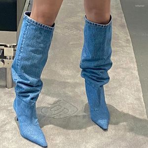 Boots Pointed Toe Denim Pile Stiletto Women's Knee High Slip On Shoes For Woman