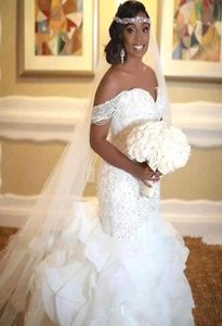 2019 Elegant African Mermaid Wedding Dresses Ruffles Off the Shoulder Pearls Lace Up Back Bridal Gowns5790401