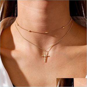 Pendant Necklaces Romantic Cross Pendants Necklace For Women Gold Sier Color Mtilayered Oval Beads Chain Minimalism Female J Dhgarden Dhsz4