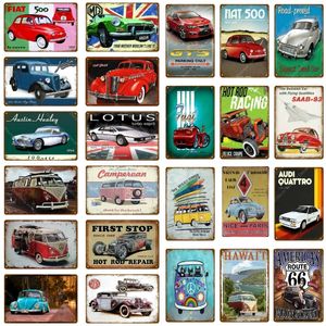 Pintura clássica de carros de carro viajando Aloha Hawaii Wagon Car Poster Vintage Pub Bar Garage Room Decoração de casa 20cmx30cm woo