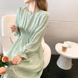 Casual Dresses Women Dress Autumn 2022 Office Lady Korea Style Long Sleeve Floral Print Chiffon O-Neck High Waist Robe