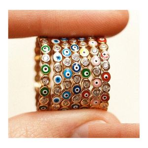 Mit Seitensteinen Bohemian Rainbow Evil Eye Strass gefüllte Goldringe mit Seitensteinen Vintage Damen Fingerring Schmuck für Frauen Dhyo5