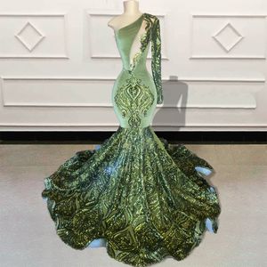 Çarpıcı Pullu Denizkızı Akşam Elbisesi Seksi Tek Tam Kollu Kızlar Prom Govow Art Deco-Issiped Boyun Robe De Soiree