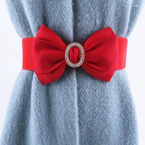 Belts Red White Black Fashion Elastic For Women Ladies Dress Korean Bow Wide Waist Seal Rhinestone Stretch Strap Waistband