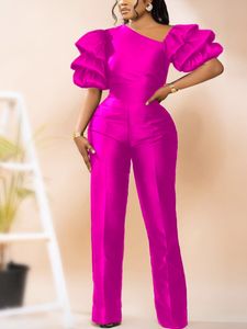 Damen-Overall, Strampler, elegant, atemberaubend, glänzend, Puffärmel, weites Bein, Outfit, Sommer, Fuchsia, für Party, Abend, Promi 221128