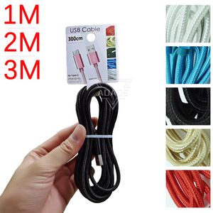 1M 3FT 2M 6FT 3M 10FT Telefonkablar Micro USB Charger Sync Datavävd Flätad sladd Typ-C Laddkabel 1,5M 4,9FT För Android Samsung med hängande kortpaket