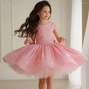 Vestidos de menina Vestido de flor de lantejoulas Pink Birthday Puffy Christmas Vestido de crianças brilhantes