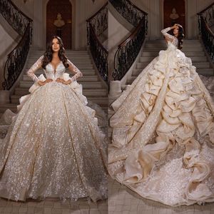 Exquisites Hochzeits-Ballkleid mit V-Ausschnitt in voller Länge, Rüschen, Hochzeitskleid, glänzende Pailletten, Spitze, Perlen, Aso Ebi Brautkleider, Arabisch, Dubai