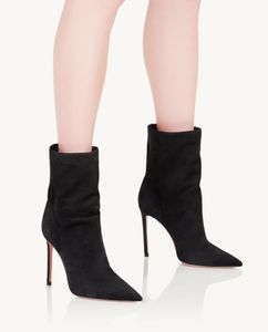 أحذية الكاحل الشتوية في الكاحل المخملية من جلد الغزال جلود حذاء Matignon Bootie Thin Thines Sexy High High Heel Pointy Toe مع Box