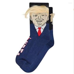 Мужские носки смешной президент Дональд с 3D -фальшивыми волосами мужчина милый уличный хип -хоп сумасшедший носок удобный высокий подарка хлопка