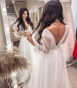 Abito da sposa profondo scollo a V manica lunga con perle Principessa abiti da sposa Backless Organza Lunghezza pavimento Robe De Mariee