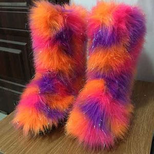Botas de salto plano High Bang simulado Raccoon Dog Fur Boots Winter Warm Médio Sapatos Femininos 1121