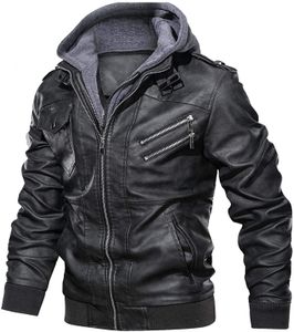 Мужские куртки капюшона экипаж повседневная стойка воротничка Pu Faux Leather Zipup Motorcycle Bomber Jacket со съемной мужской одеждой 221129