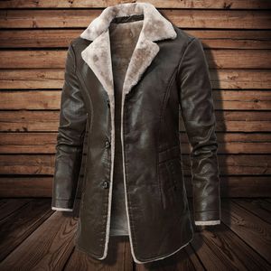 Men's Leather Faux Men Autumn Winter Long Jacket Lapel Turn-down Collar Casual Vintage Male Outwear Overcoat Mens Fashion Clothing 221128