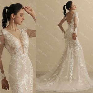 Illusion O Neck Długie rękaw koronkowy suknia ślubna dla kobiet 2022 Bride Summer Sexy Backless Bridal Boho Gown