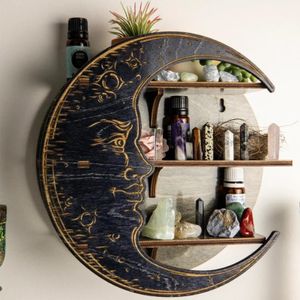 Novelty Items Wall Mounted Crystal Display Shelf Moon Shape Crafts Rack Wall Decor Wood Glass Holder For Essential Oil Retro Wooden Ornaments 221129