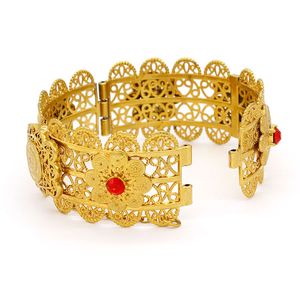 Coin Gold tone Swirl filigree cutout metal bangle cuff wide Hinge statement bracelet RED CZ