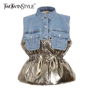 Kadın Yelekleri Twotwinstyle Casual Pamuk Ceket Kadınlar Kartal Kolsuz Drawstring Patchwork Cep Hit Renk Yelek Kadın Moda Kış 221128