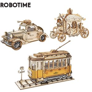 Blokkeert Robotime 3 soorten DIY 3D Transportatie houten model bouwkits vintage auto tramcar koets speelgoedcadeau voor kinderen volwassen 221129
