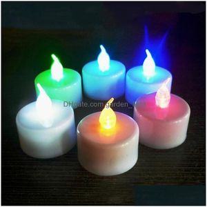 Luci notturne Led Tealight Tea Candles Light Colorf Flickering Flicker senza fiamma a batteria per la festa di compleanno di nozze Christma Dhxwj