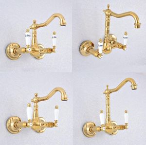 Kitchen Faucets Gold Polished Brass Wall Mounted Bathroom Sink Faucet Dual Handle Swivel Spout Cold Water Tap