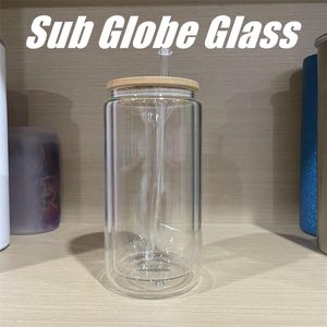 Местный склад Sublimation Globe Cups 16 унций Drinkware Double Wall Glass Tumblers с соломенной кофейной кружкой L01