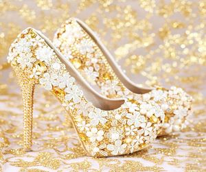 Mode bekväma guld bröllop skor kvinnor skor plattform höga klackar strass brudskor handgjorda äkta läder6301381
