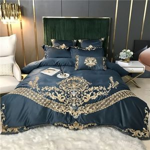 Set di biancheria da letto Blu Navy Lusso Squisito Oro Ricamo Reale 60S Set di cotone satinato Copripiumino Lenzuolo o Federe con angoli 221129