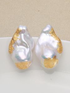 Серьги-гвоздики натуральный пресноводный жемчуг нашивка из золотой фольги большой барокко S925 15-25 мм INS ювелирные изделия подарки для женщин EAP