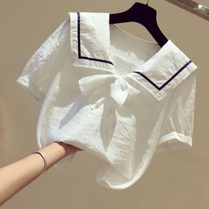 Kvinnors blusar Navy Collar Top Women's Short Sleeve 2022 Summer Korean Version Loses Western Style Bow Doll Contrast Color Shirt