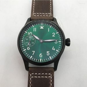 Wristwatches 42mm Men Hand Winding Watch Black Case Sterile Dial Green Luminous Waterproof Mechanical Manual Sapphire Glass