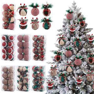 Decorações de Natal 8pcs Red Green Plaid Pattern Balls com pinheiro decoração de lã pendurada pendente de árvore rústica 221130