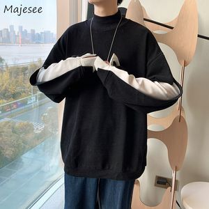 Herrtröjor tröjor män lapptäcke design turtleneck mode våren grundläggande avslappnad alla matcher koreanska stil enkla studenter lösa retro 221129