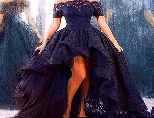 2019 Black Lace Evening Dresses Puffy Lace Gorgeous Ball Clown Off The Shoulder Short Sleeve High Low Hilo Prom Gowns5180361