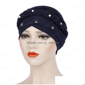 Czapki do czapki/czaszki muzułmańskie kobiety rozciągnij Braid Cross Bat z koralikiem jedwabny turban czapka szalik czapki czapki nakrycia głowy opakowanie włosów Dr Dhfv1