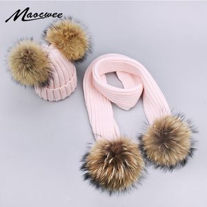 Scarves Girl Pompon Hats and Sets Winter Knitted Warm Nature Fur Pom Hat Scarf Thick Beanies Caps Kids Baby Solid Bones 221130