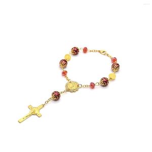 Strand Religious Rhinestone Crystal Metal Rosary Beads Armband Kristus Jesus Cross Pendant For Women Men Bönsmycken gåva