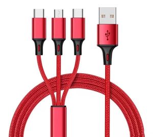 1 metry 2M 3-w-1 kabel miedziany rdzeń nylonowy pleciony anty-stretch wieloportowy Android V8 typu C 2A Szybki ładunek telefon komórkowy kabel ładowania dla Xiaomi Samsung Huawei